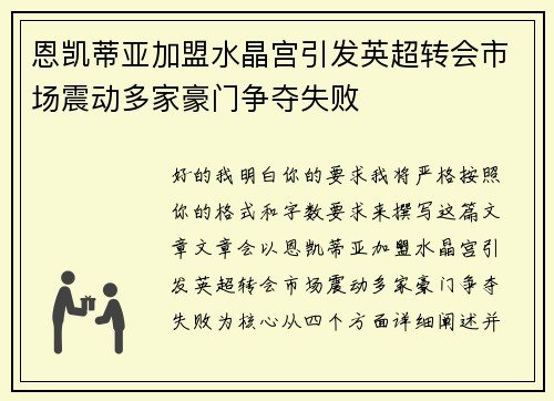 恩凯蒂亚加盟水晶宫引发英超转会市场震动多家豪门争夺失败